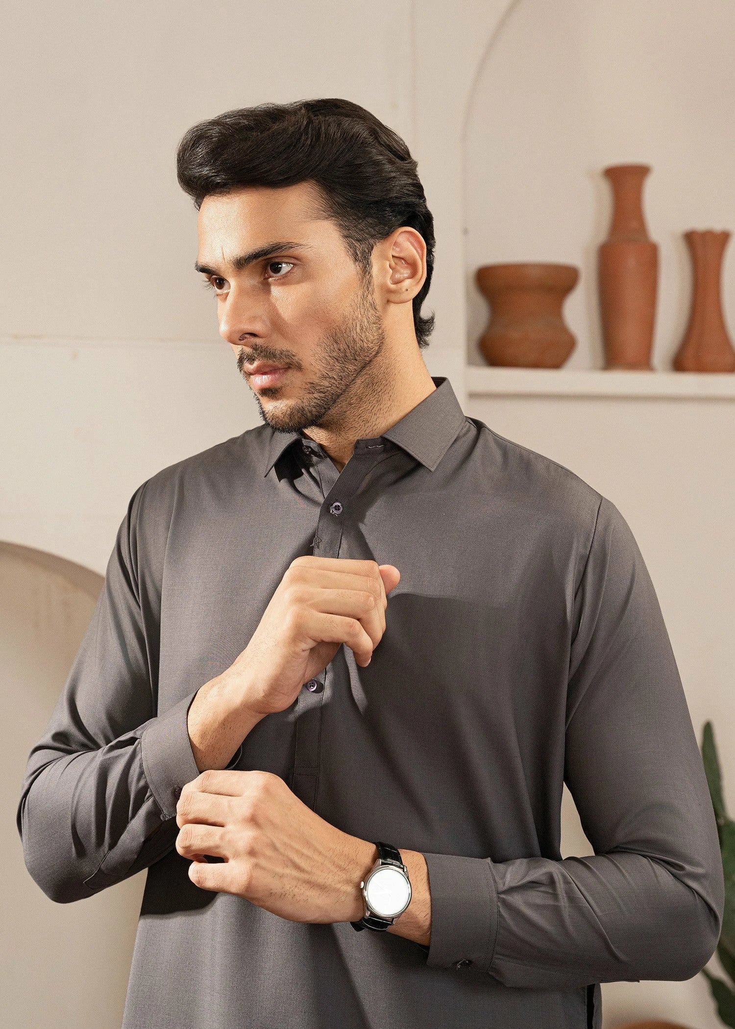 Wash & Wear | Grey Collared Shalwar Kameez