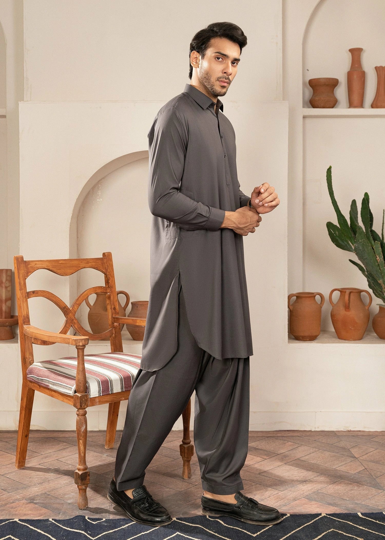Wash & Wear | Grey Collared Shalwar Kameez