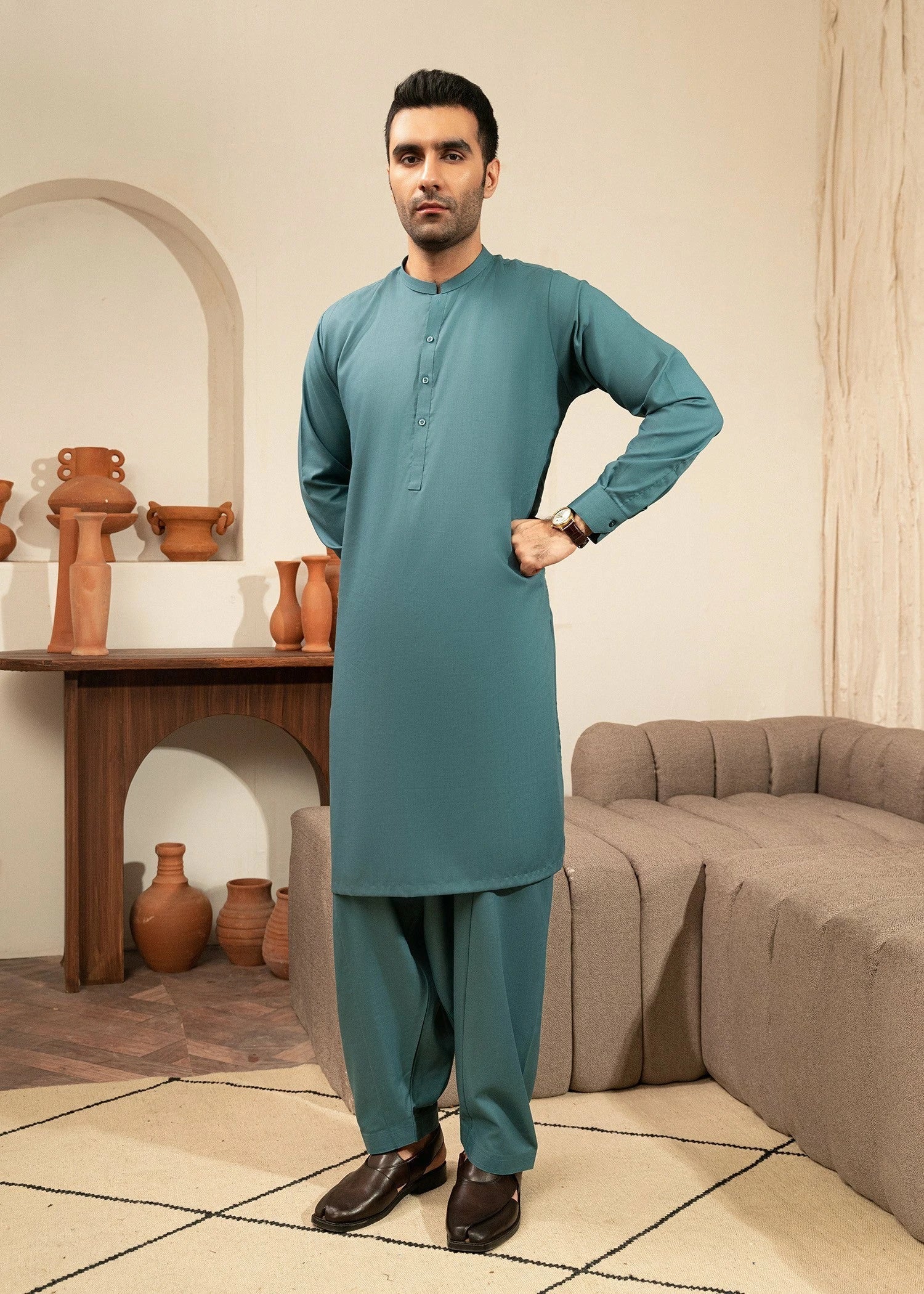 Wash & Wear | Aqua Green Ban Shalwar Kameez