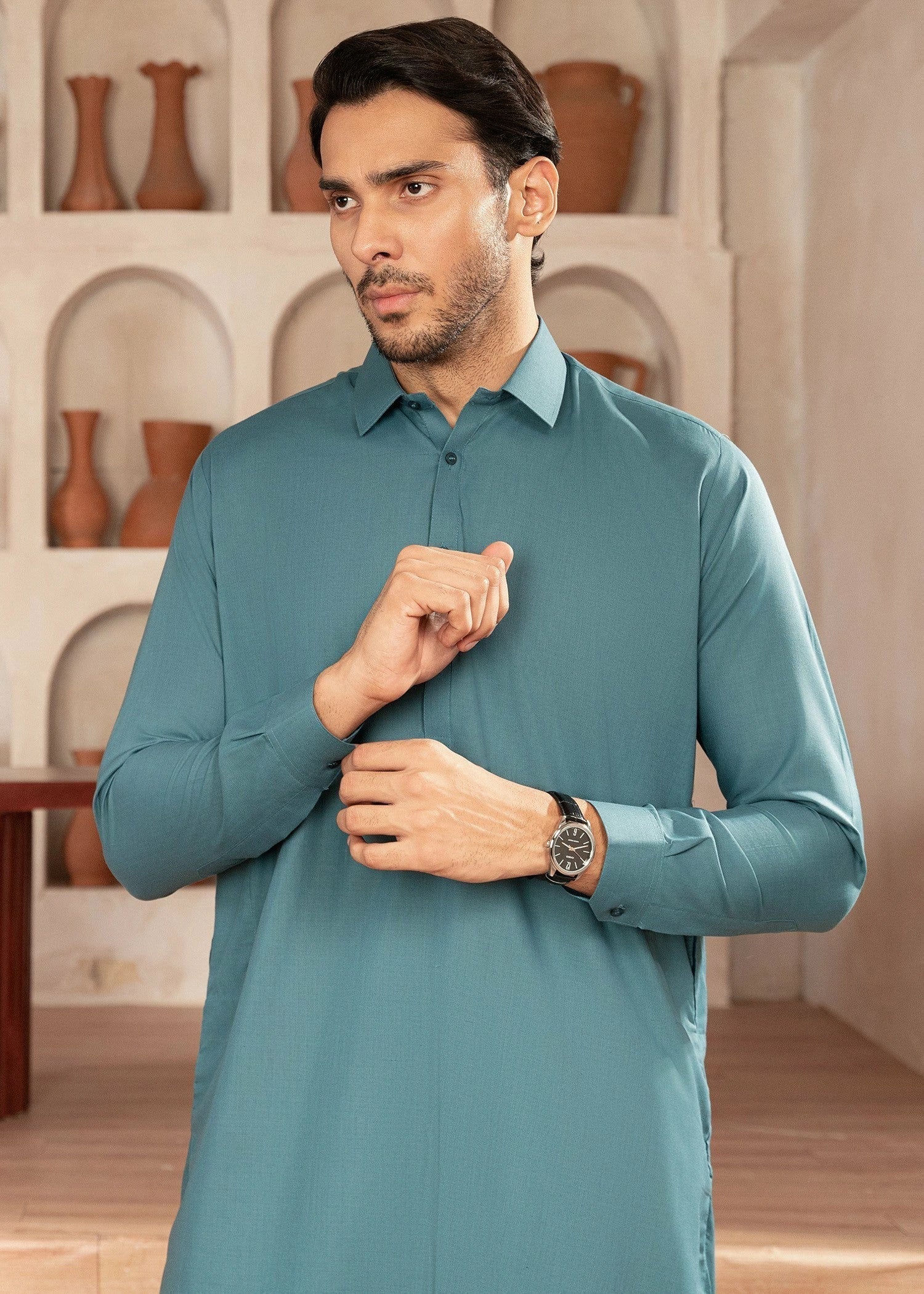 Wash & Wear | Aqua Green Collared Shalwar Kameez