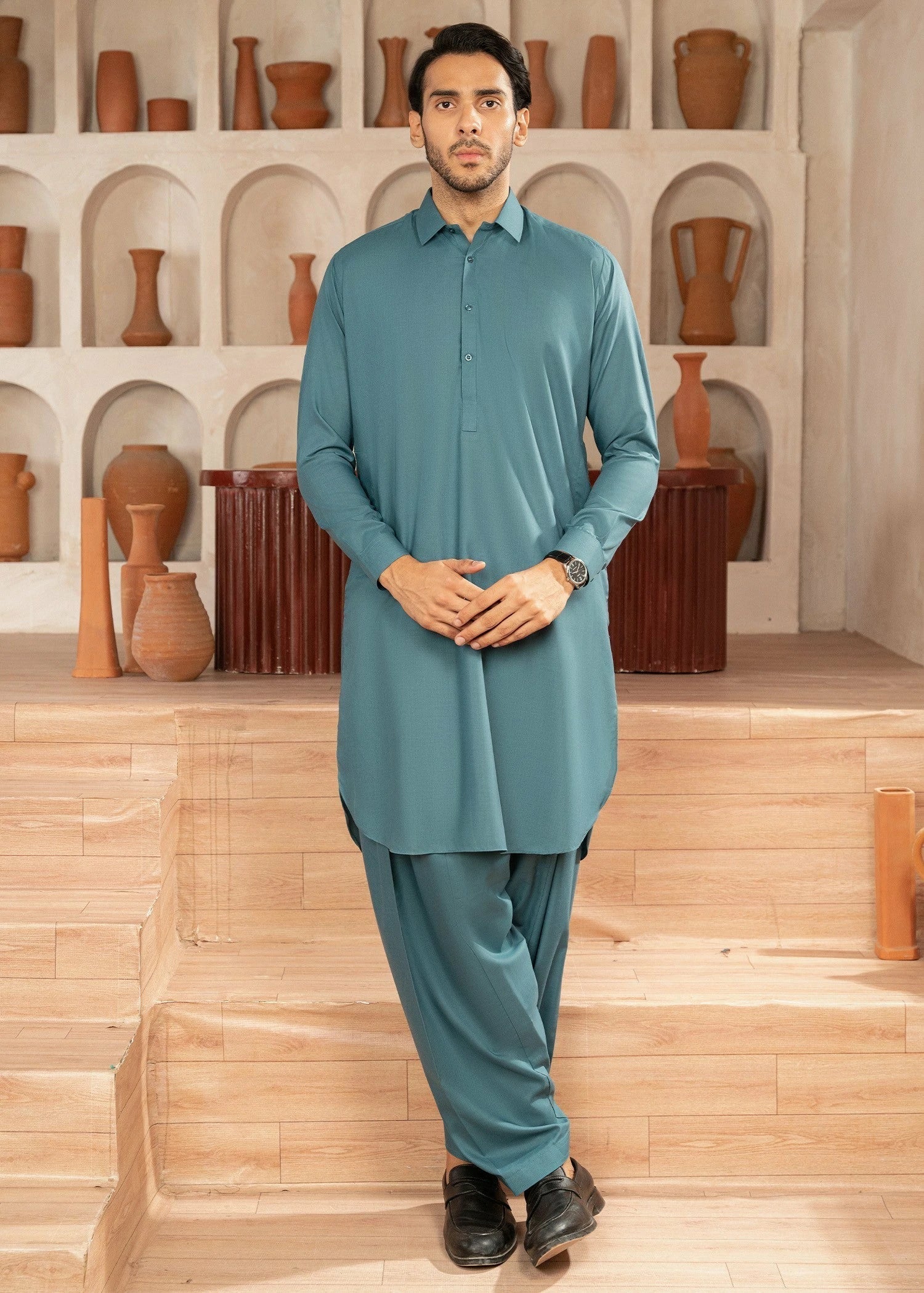 Wash & Wear | Aqua Green Collared Shalwar Kameez
