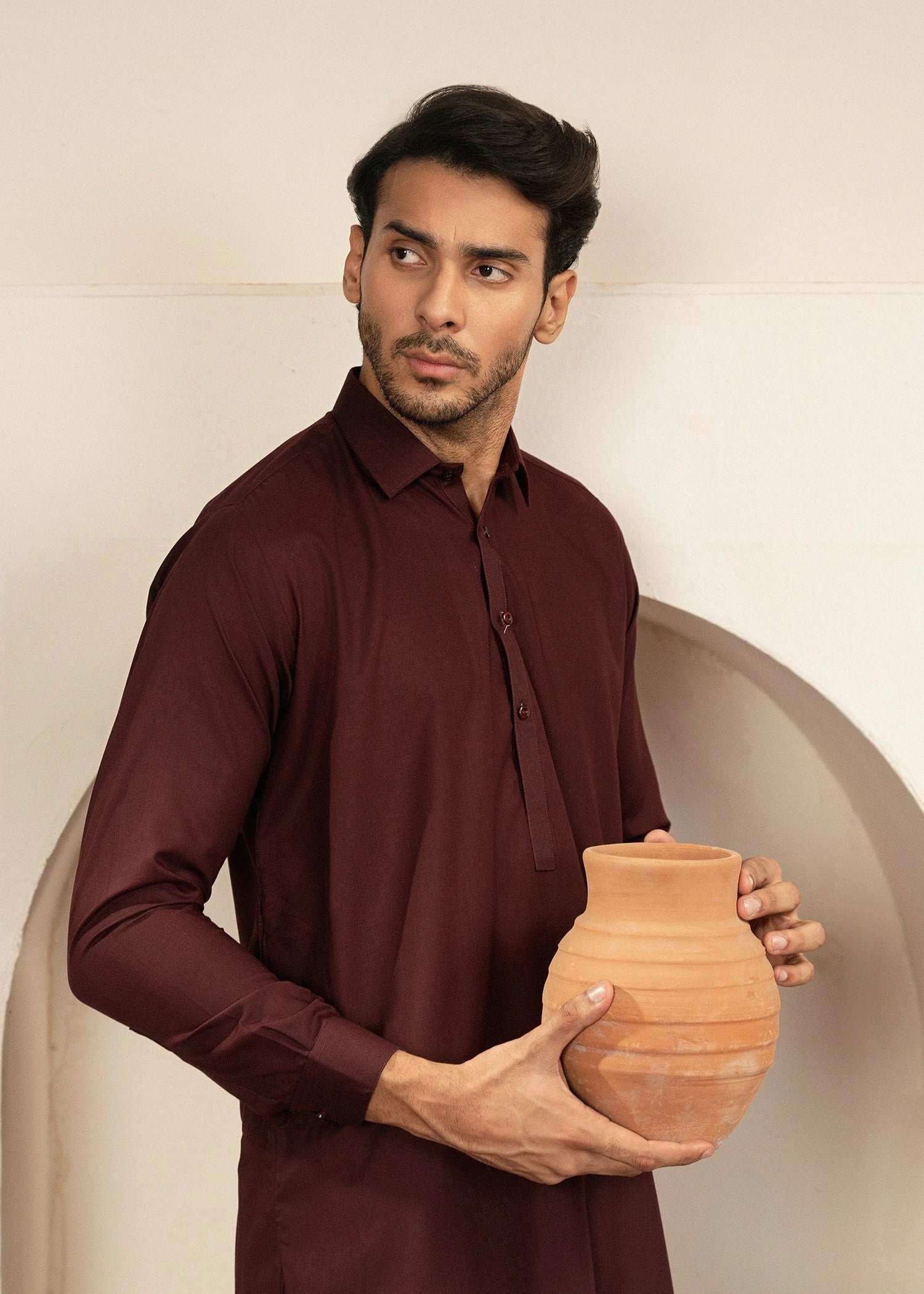 Wash & Wear | Maroon Collared Shalwar Kameez