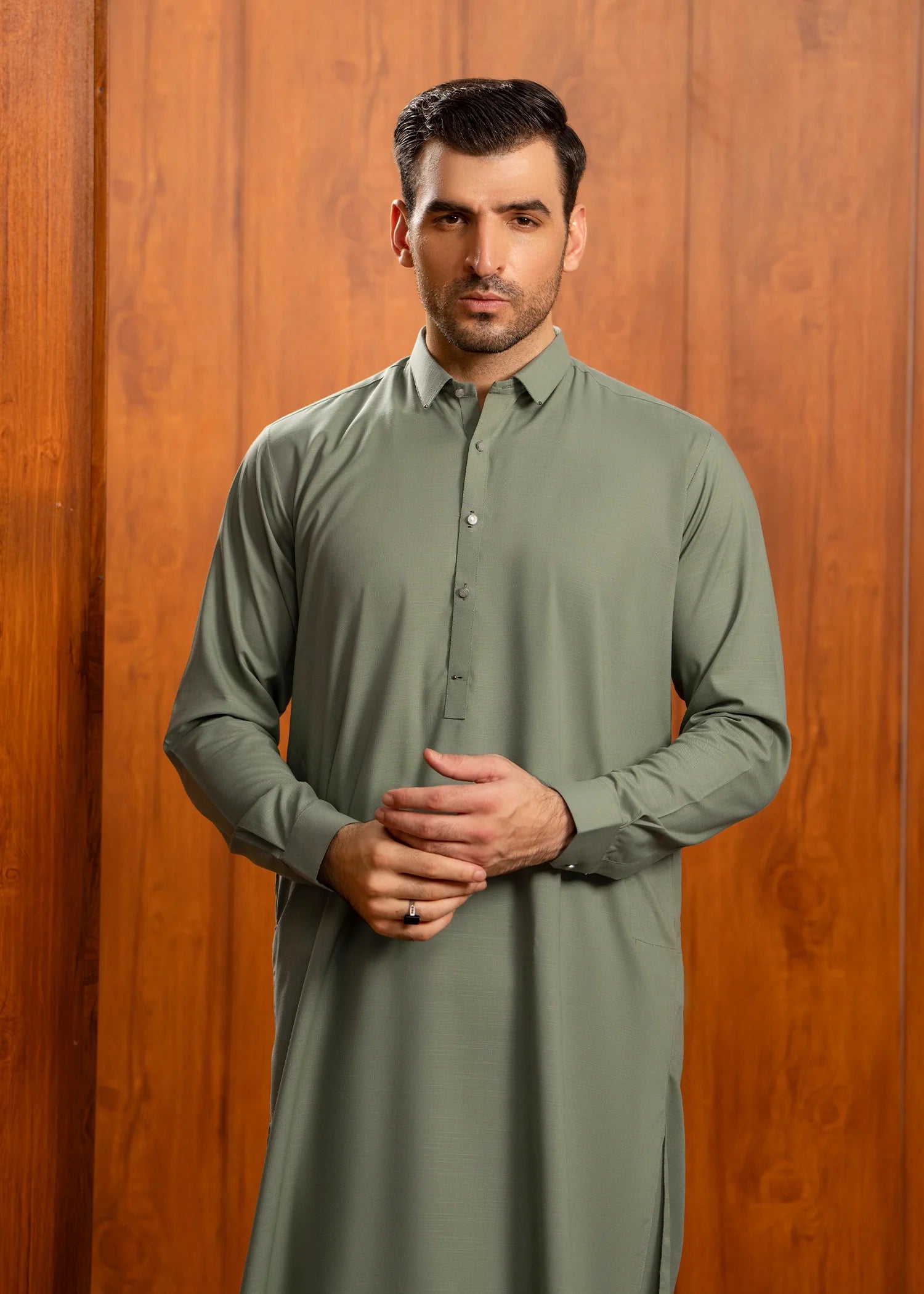 Wash & Wear | Olive Collared Shalwar Kameez