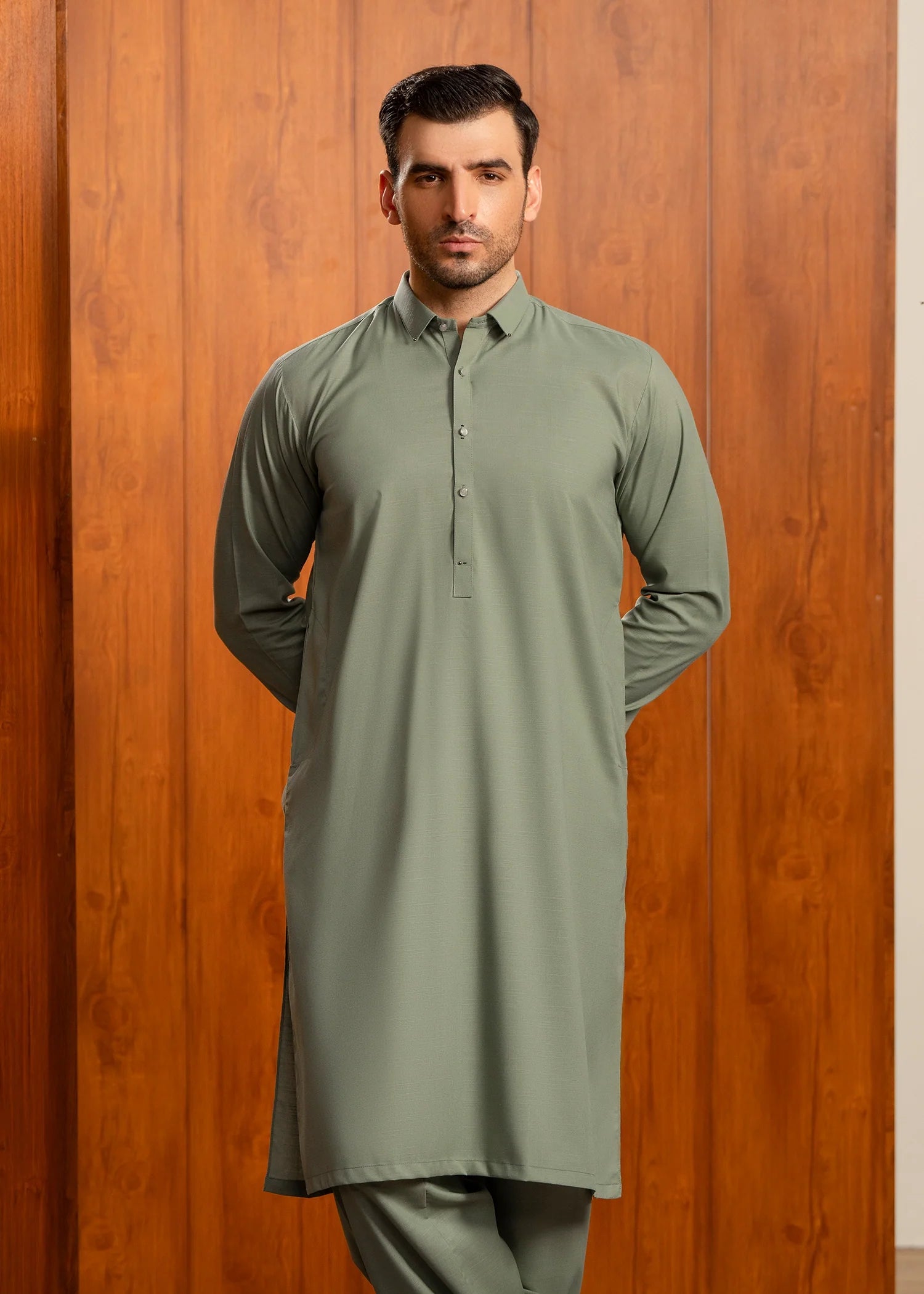 Wash & Wear | Olive Collared Shalwar Kameez