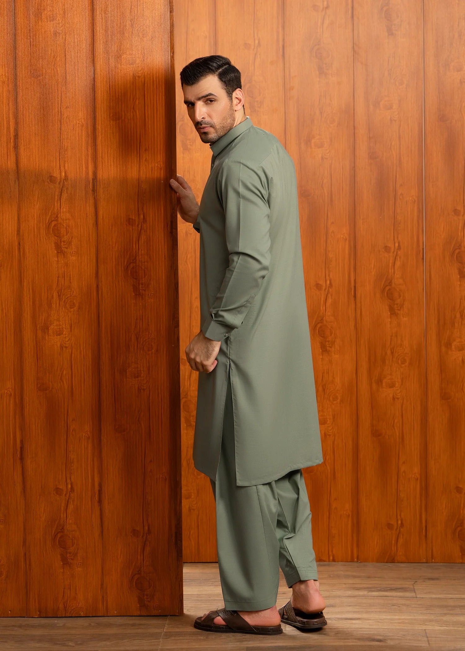 Wash & Wear | Olive Collared Shalwar Kameez