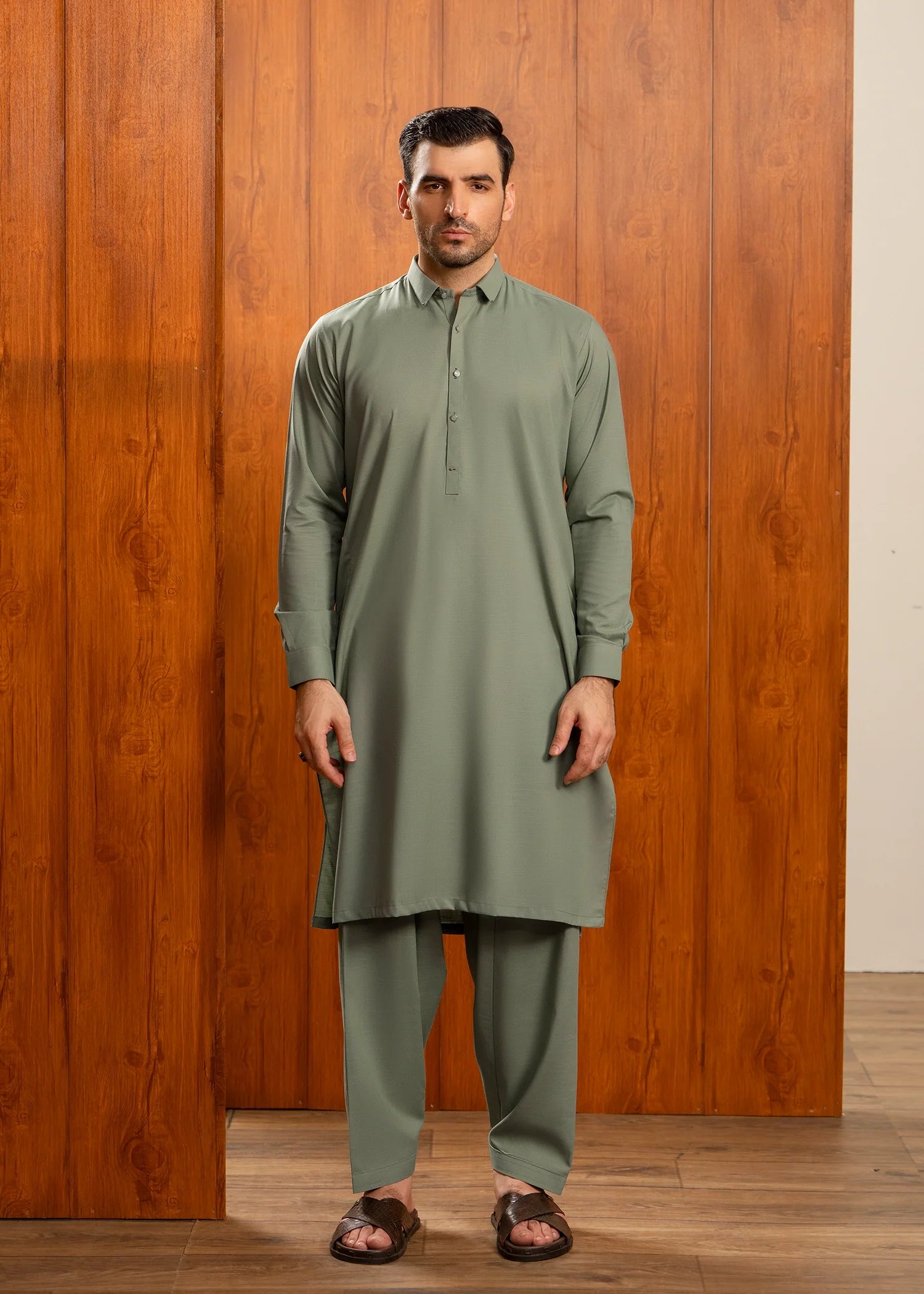 Wash & Wear | Olive Collared Shalwar Kameez