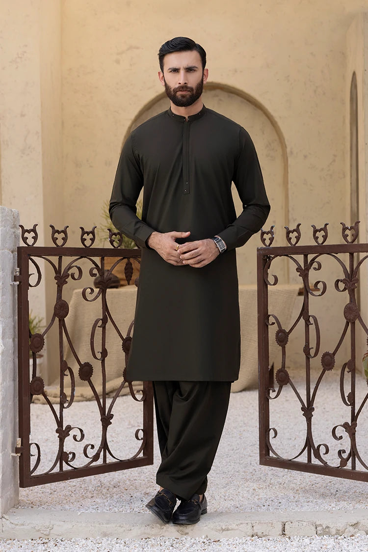 Wash & Wear | Dark Green Ban Shalwar Kameez