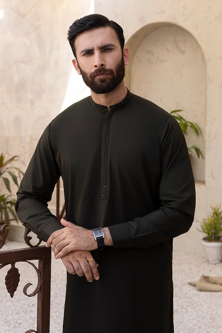 Wash & Wear | Dark Green Ban Shalwar Kameez