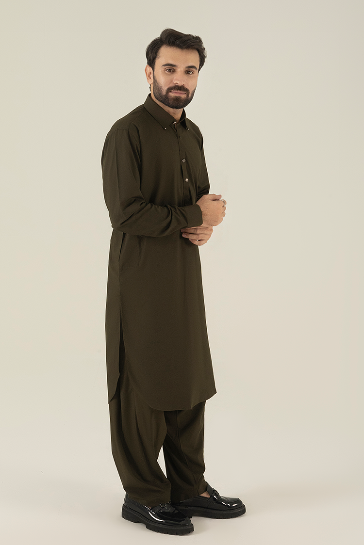 Olive Collar Kameez Shalwar
