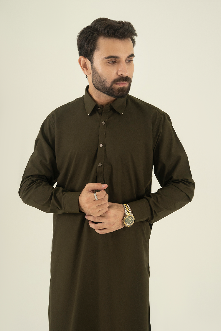 Olive Collar Kameez Shalwar