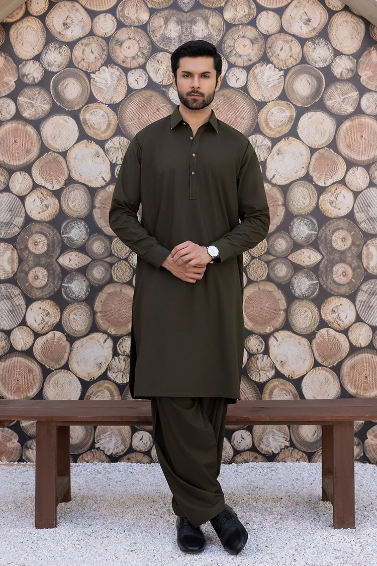 Wash & Wear | Olive Collar Shalwar Kameez