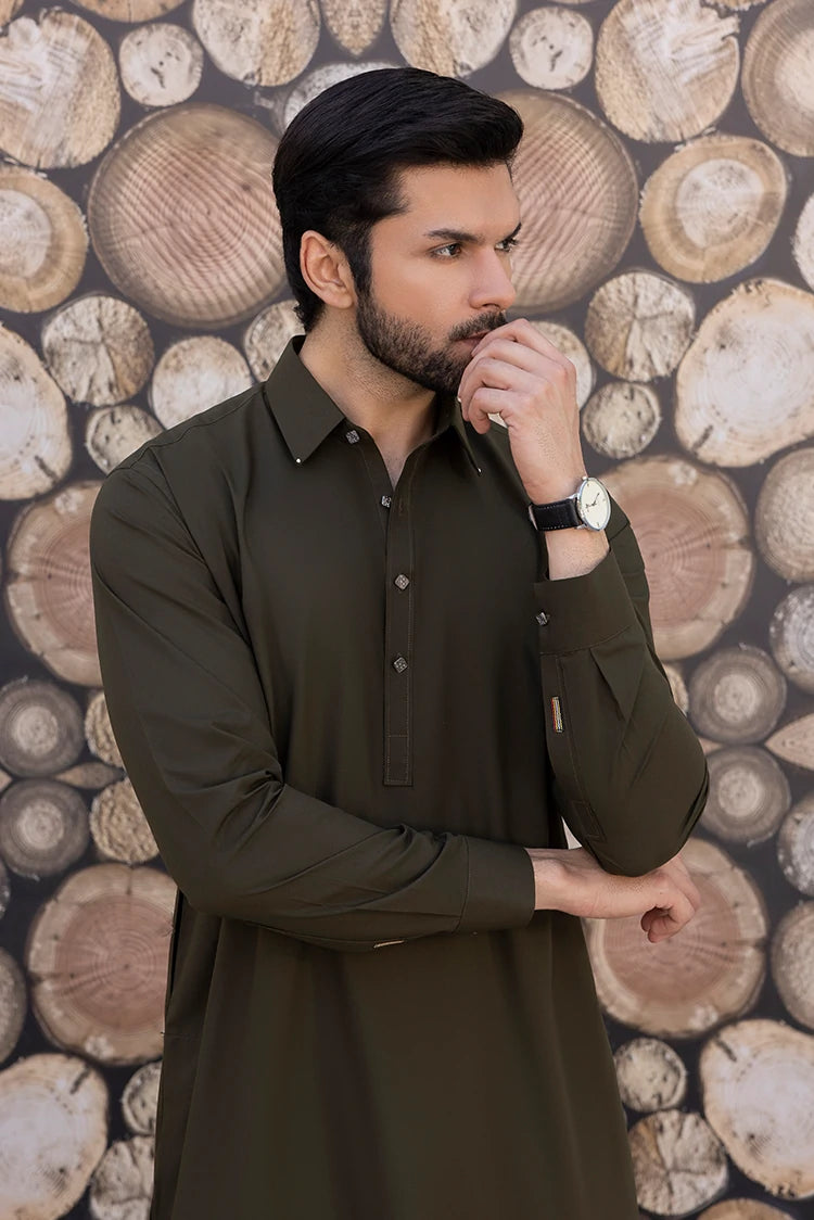 Wash & Wear | Olive Collar Shalwar Kameez
