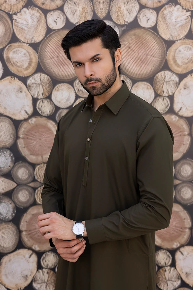 Wash & Wear | Olive Collar Shalwar Kameez