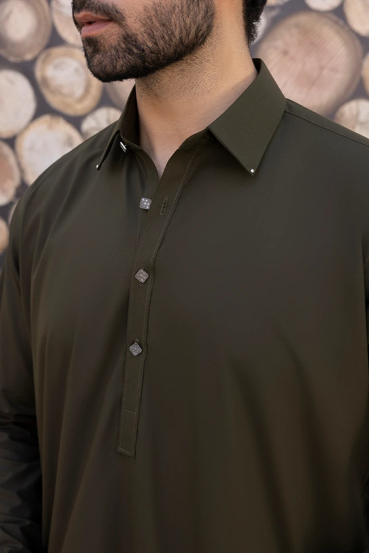 Wash & Wear | Olive Collar Shalwar Kameez