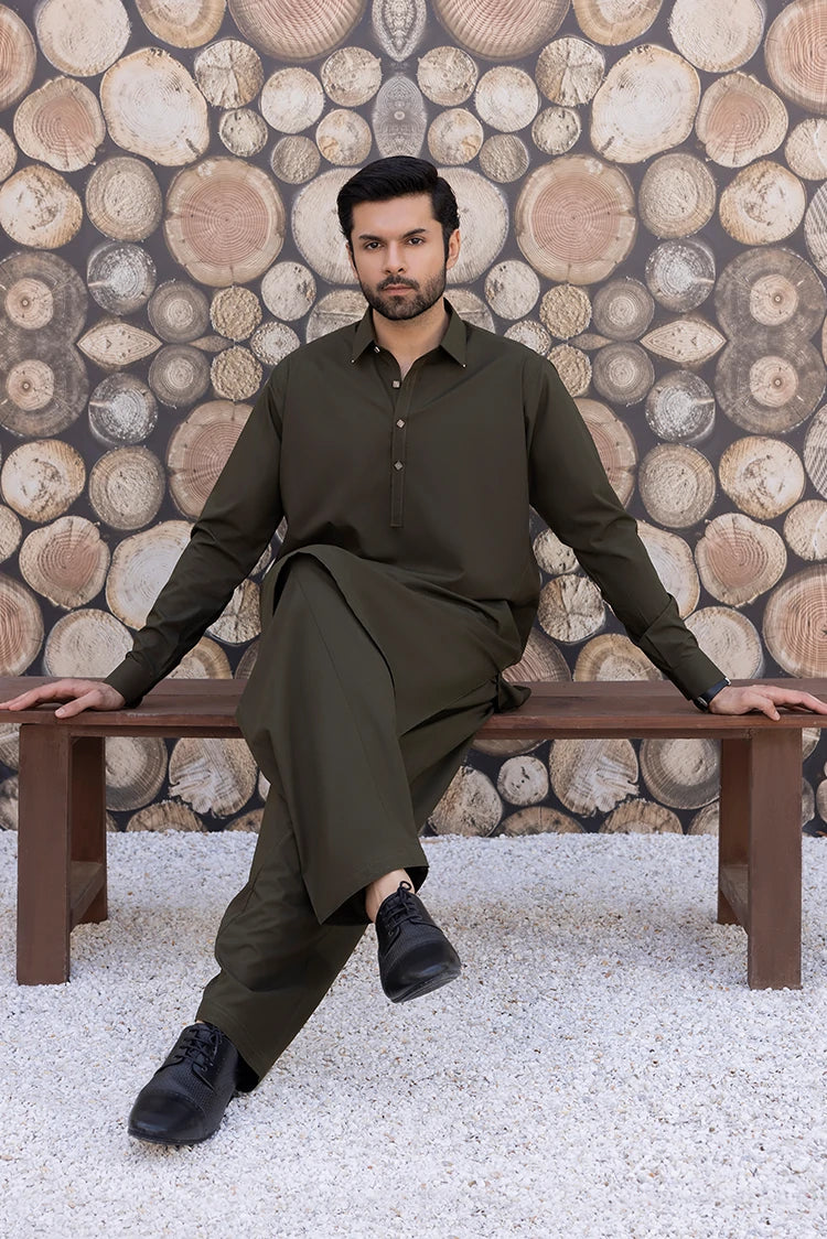 Wash & Wear | Olive Collar Shalwar Kameez