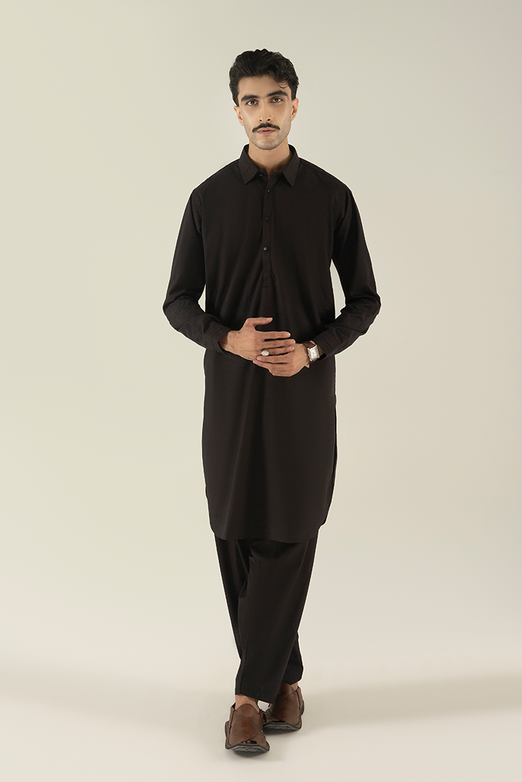 Wash & Wear | Dark Brown Collar Kameez Shalwar