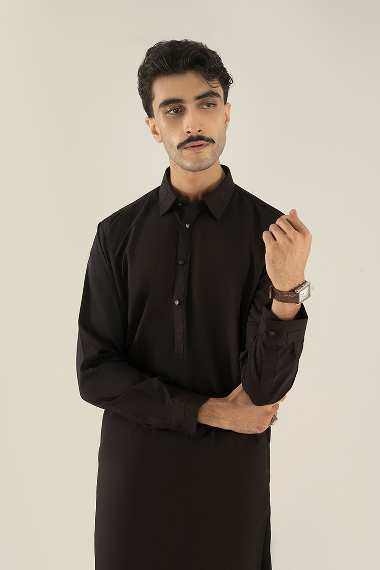 Wash & Wear | Dark Brown Collar Kameez Shalwar