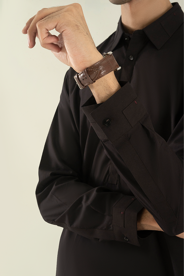 Wash & Wear | Dark Brown Collar Kameez Shalwar