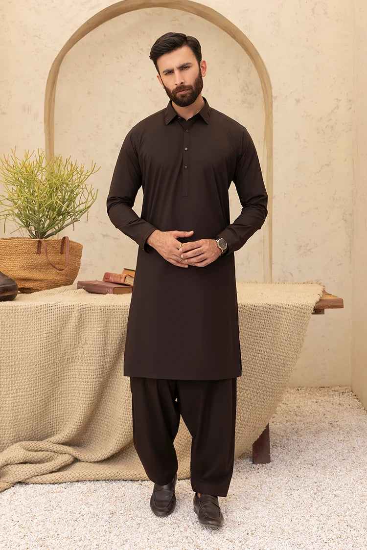 Wash & Wear | Dark Brown Collar Shalwar Kameez
