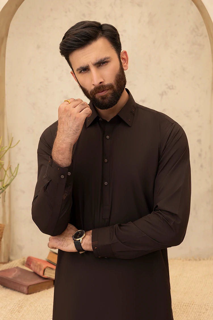 Wash & Wear | Dark Brown Collar Shalwar Kameez