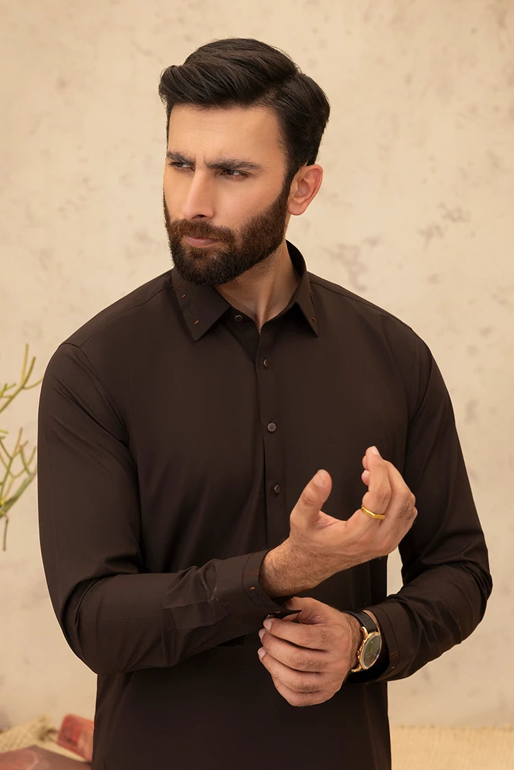 Wash & Wear | Dark Brown Collar Shalwar Kameez