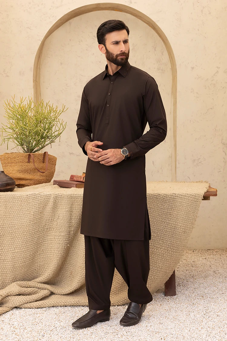 Wash & Wear | Dark Brown Collar Shalwar Kameez