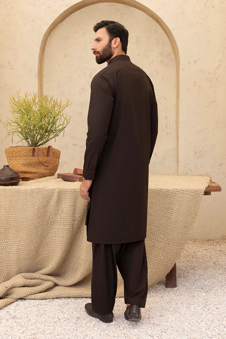 Wash & Wear | Dark Brown Collar Shalwar Kameez