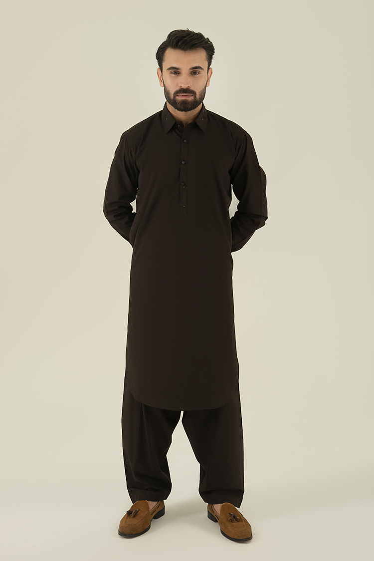 Wash & Wear | Dark Brown Collar Kameez Shalwar
