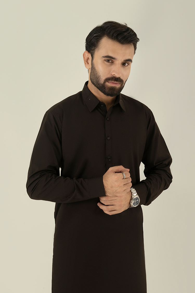 Wash & Wear | Dark Brown Collar Kameez Shalwar