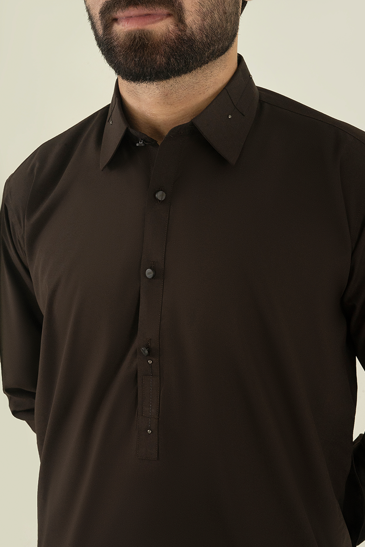 Wash & Wear | Dark Brown Collar Kameez Shalwar