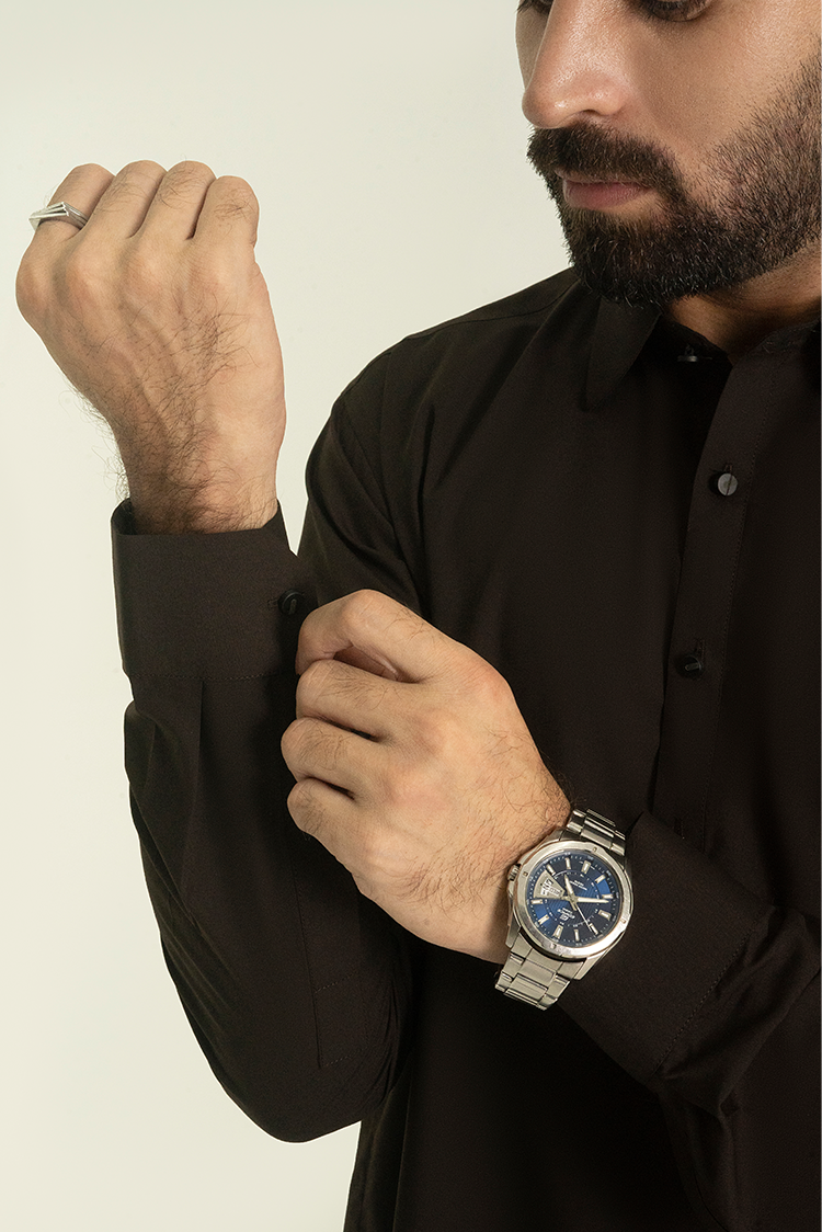 Wash & Wear | Dark Brown Collar Kameez Shalwar