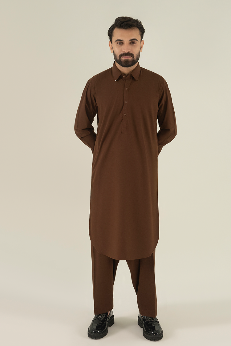 Wash & Wear | Brown Collar Kameez Shalwar