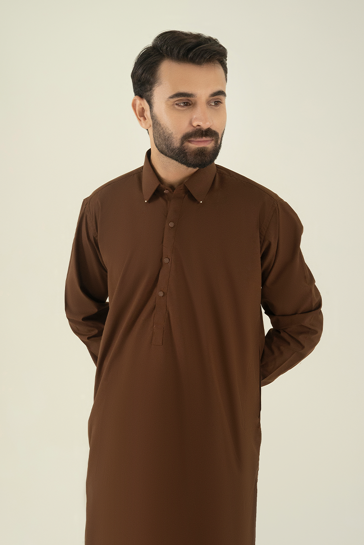 Wash & Wear | Brown Collar Kameez Shalwar