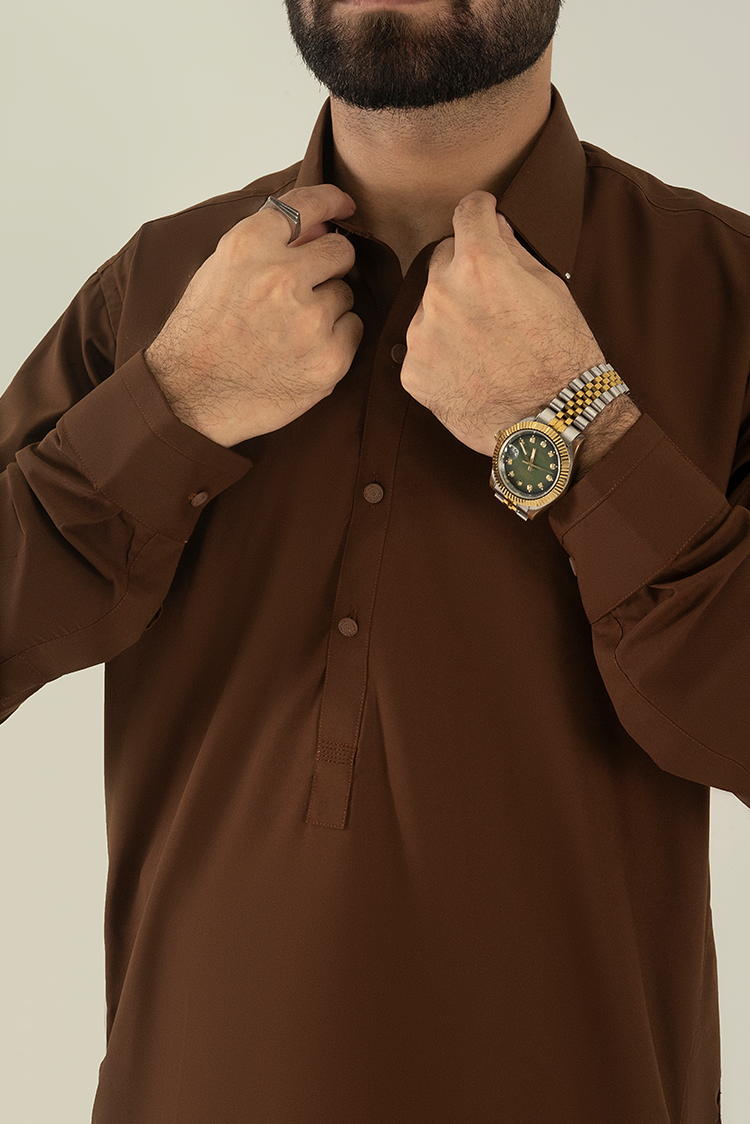 Wash & Wear | Brown Collar Kameez Shalwar