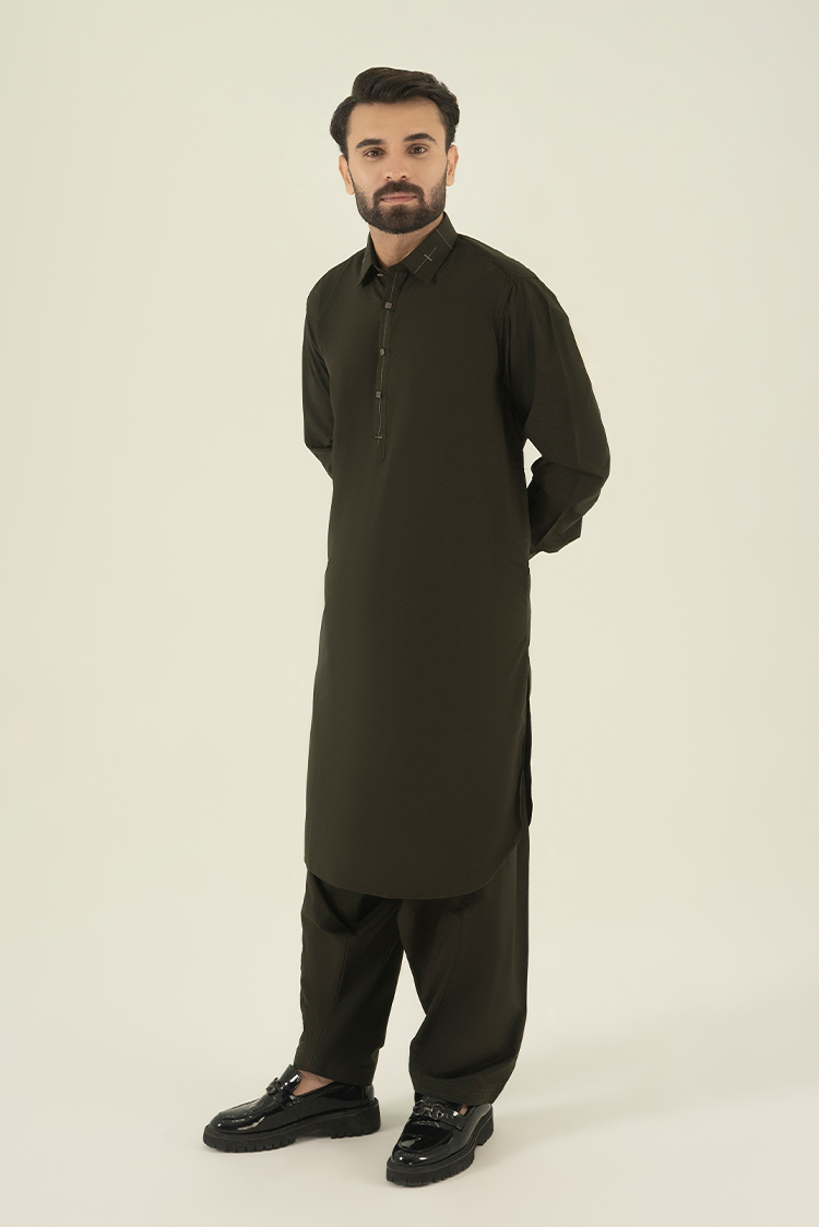 Wash & Wear | Mehandi Collar Kameez Shalwar