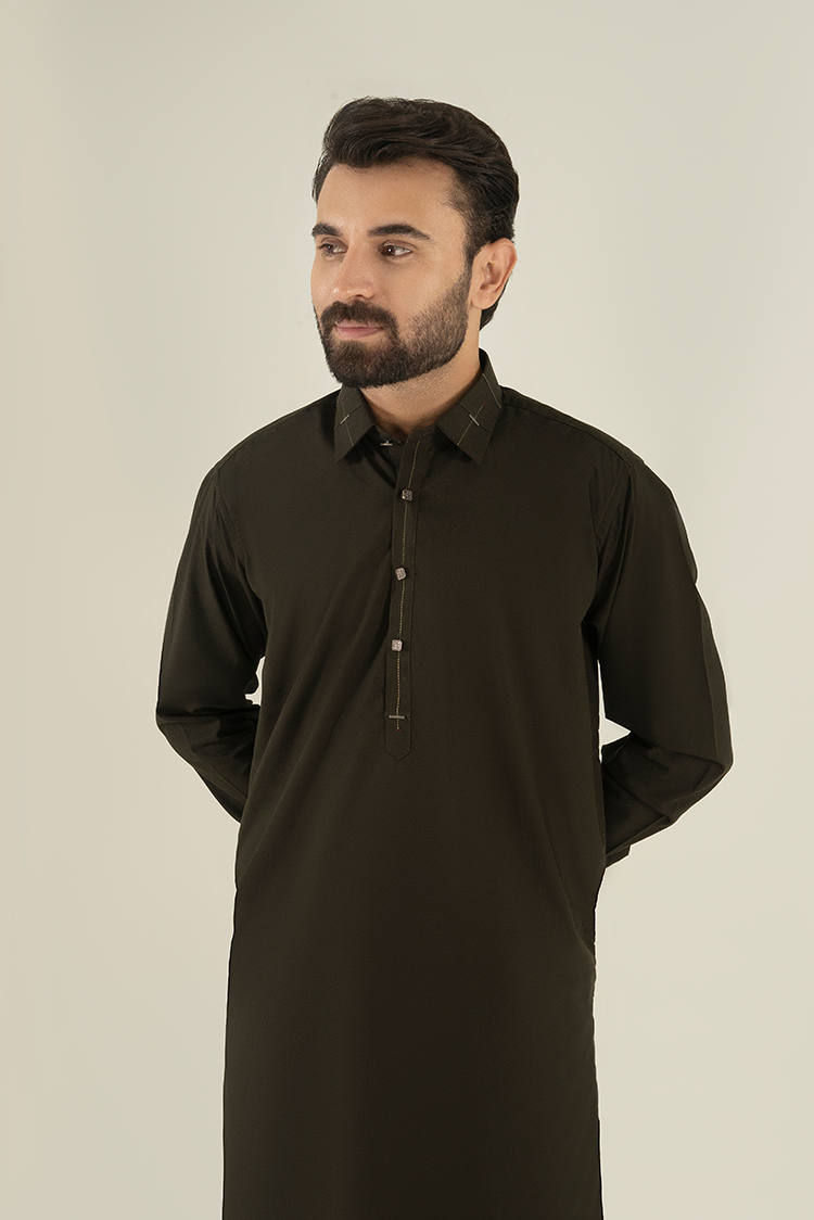 Wash & Wear | Mehandi Collar Kameez Shalwar