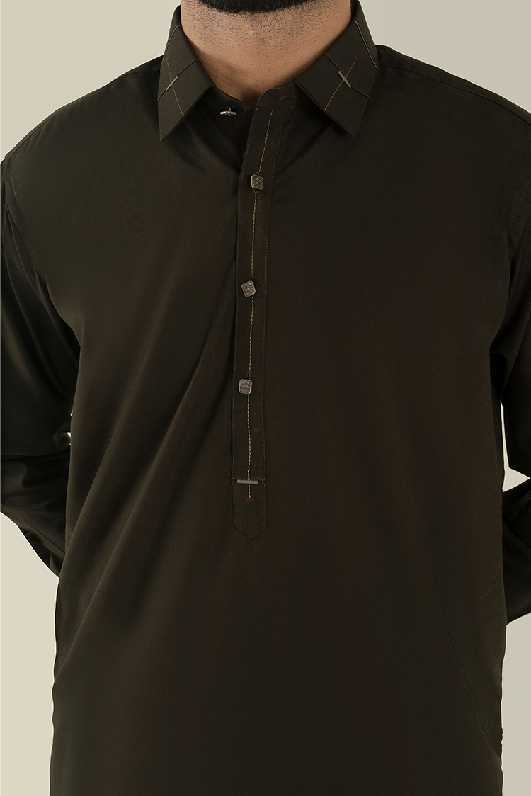 Wash & Wear | Mehandi Collar Kameez Shalwar