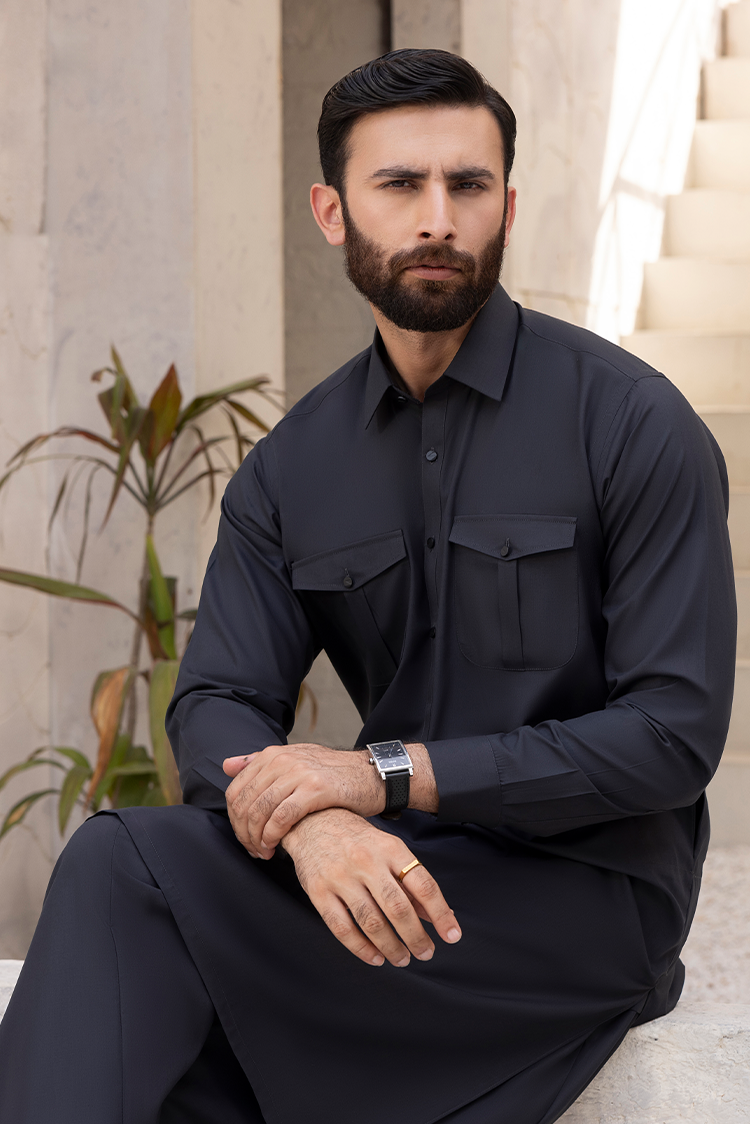 Wash & Wear | Black Collar Shalwar Kameez