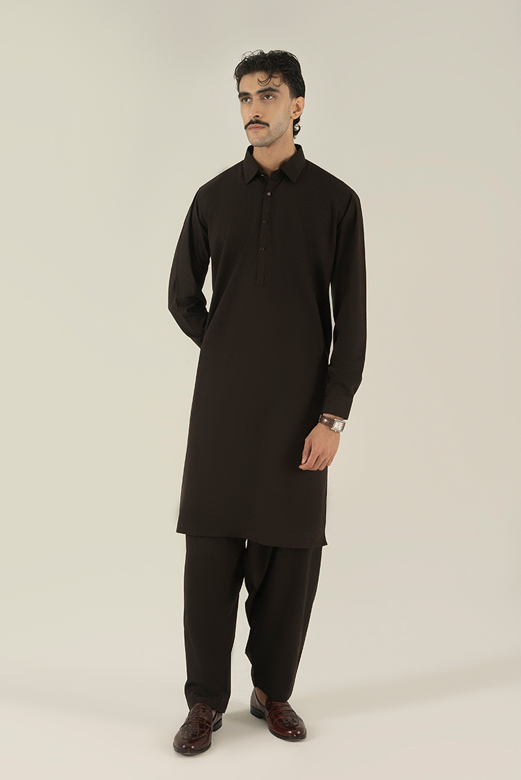Wash & Wear | Dark Brown Collar Kameez Shalwar