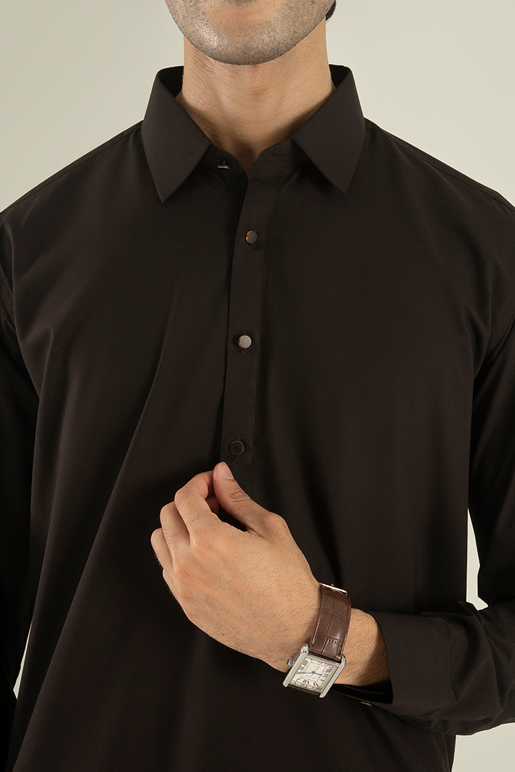 Wash & Wear | Dark Brown Collar Kameez Shalwar