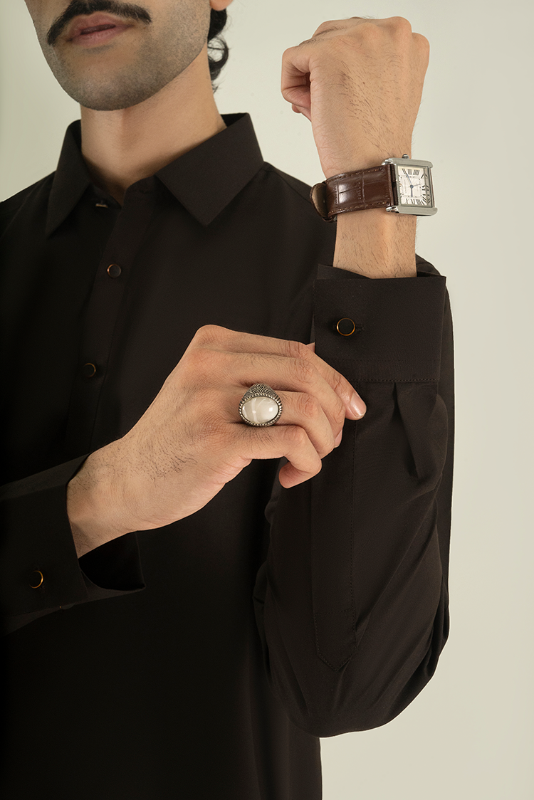 Wash & Wear | Dark Brown Collar Kameez Shalwar