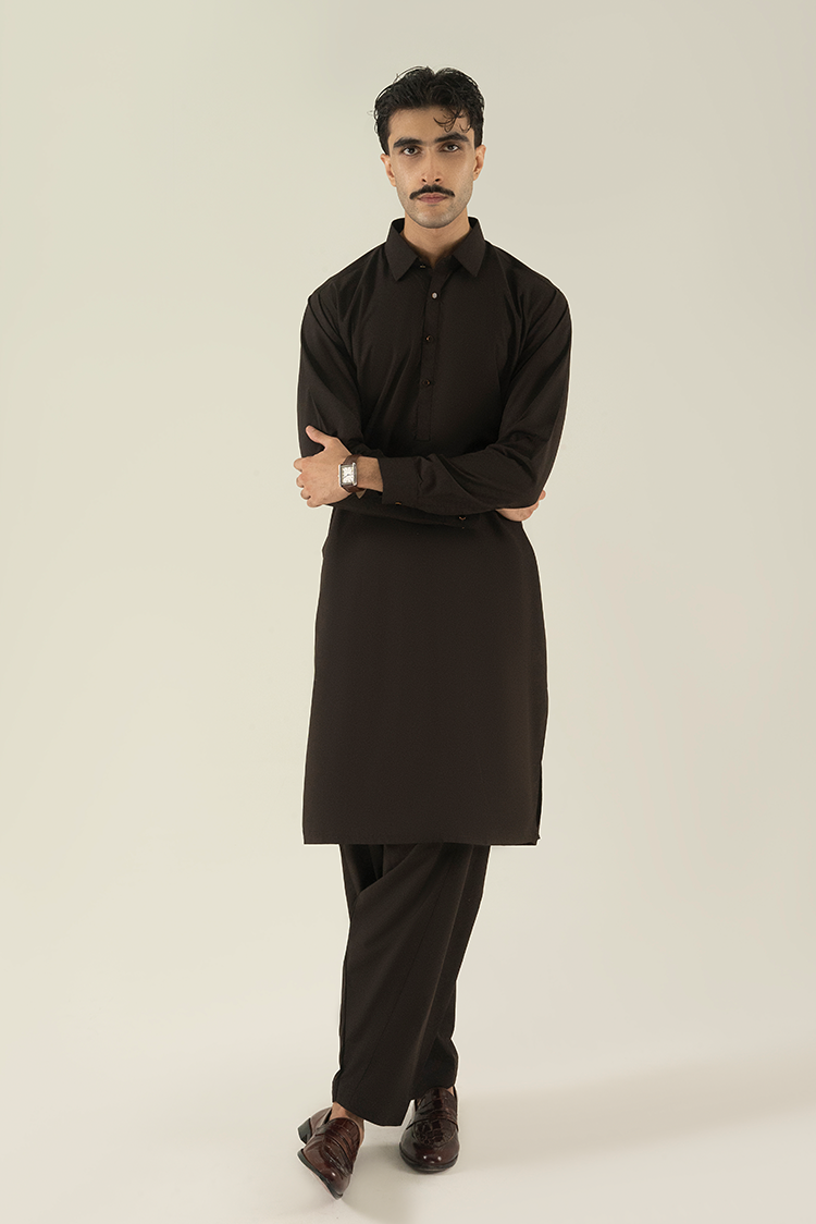 Wash & Wear | Dark Brown Collar Kameez Shalwar