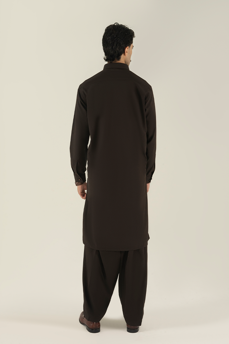 Wash & Wear | Dark Brown Collar Kameez Shalwar