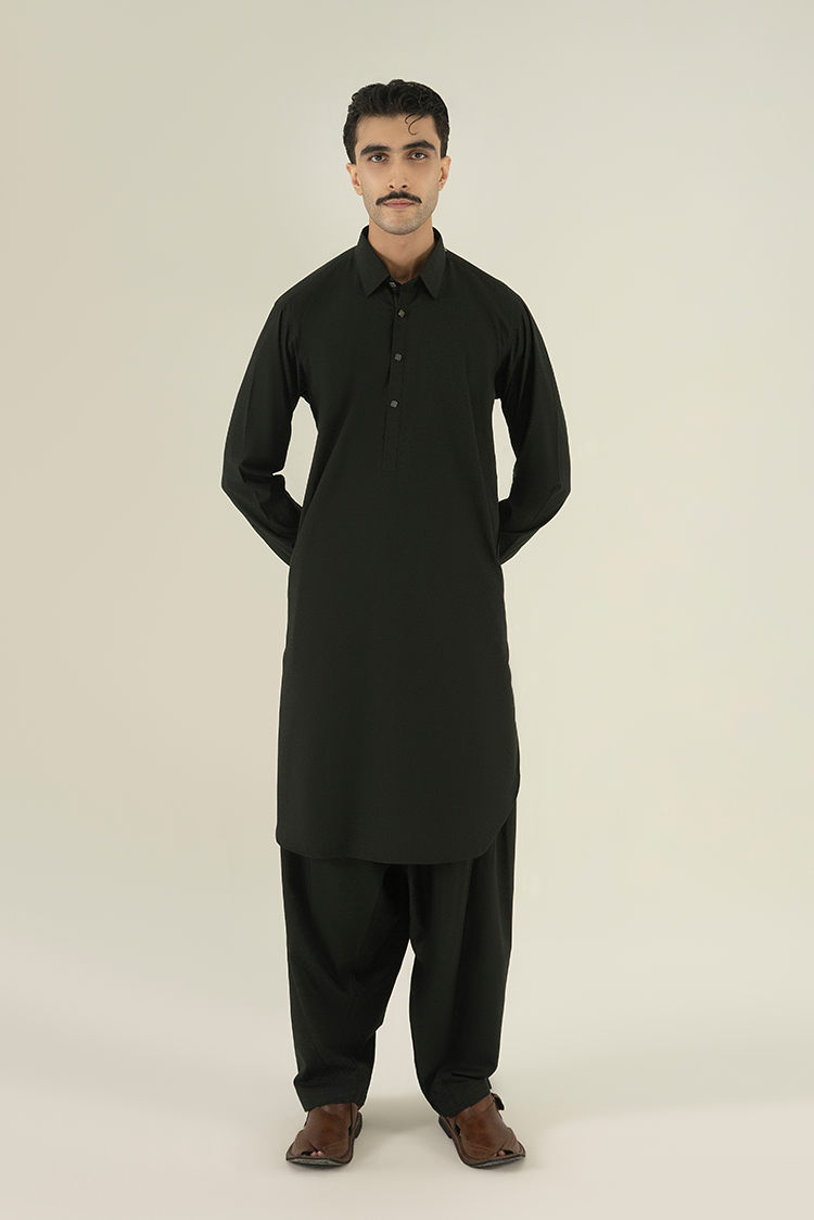 Wash & Wear | Dark Green Collar Kameez Shalwar