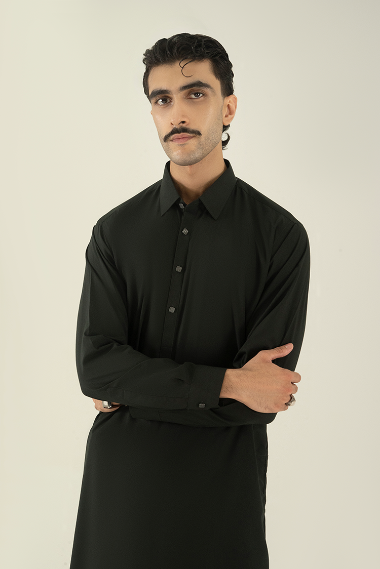 Wash & Wear | Dark Green Collar Kameez Shalwar