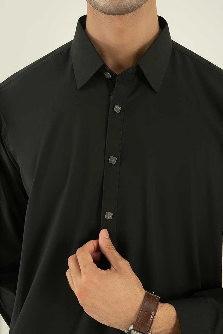 Wash & Wear | Dark Green Collar Kameez Shalwar