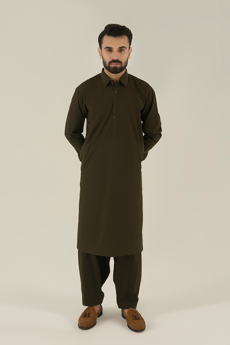 Wash & Wear | Olive Collar Kameez Shalwar