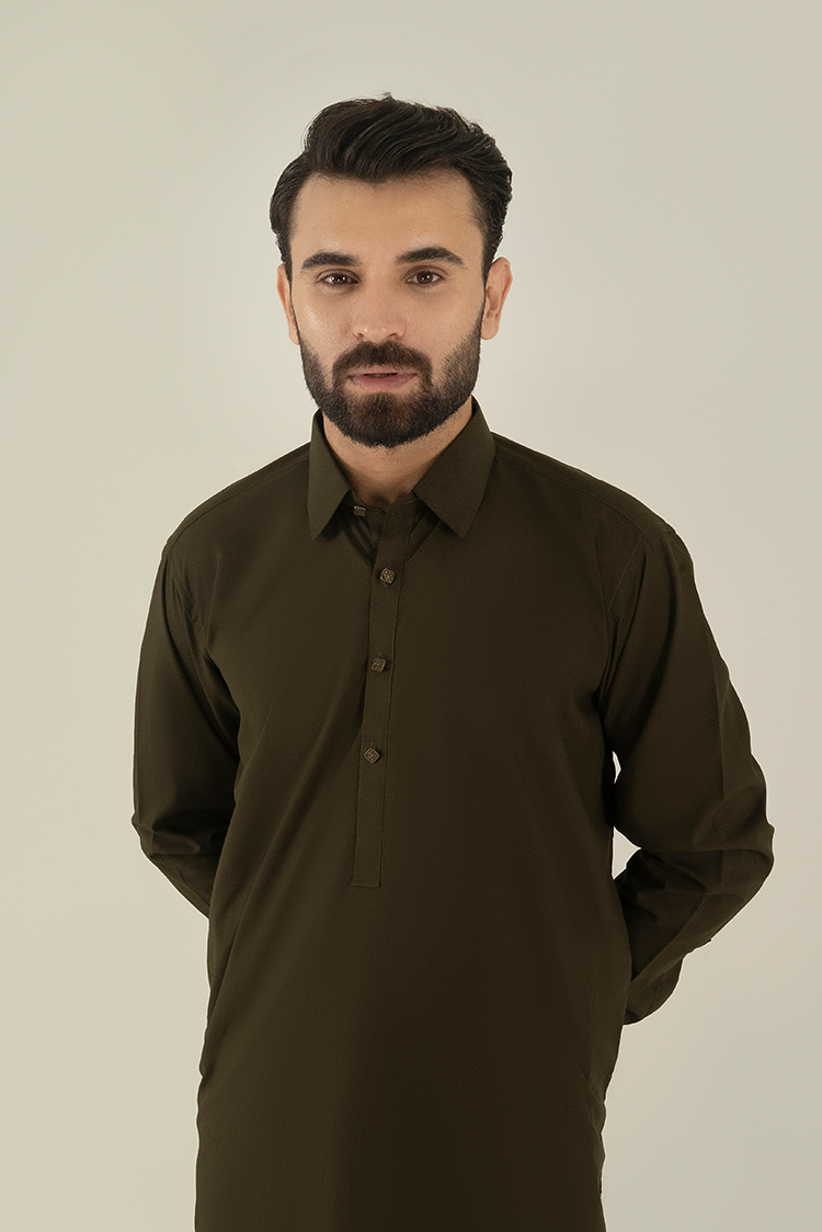 Wash & Wear | Olive Collar Kameez Shalwar