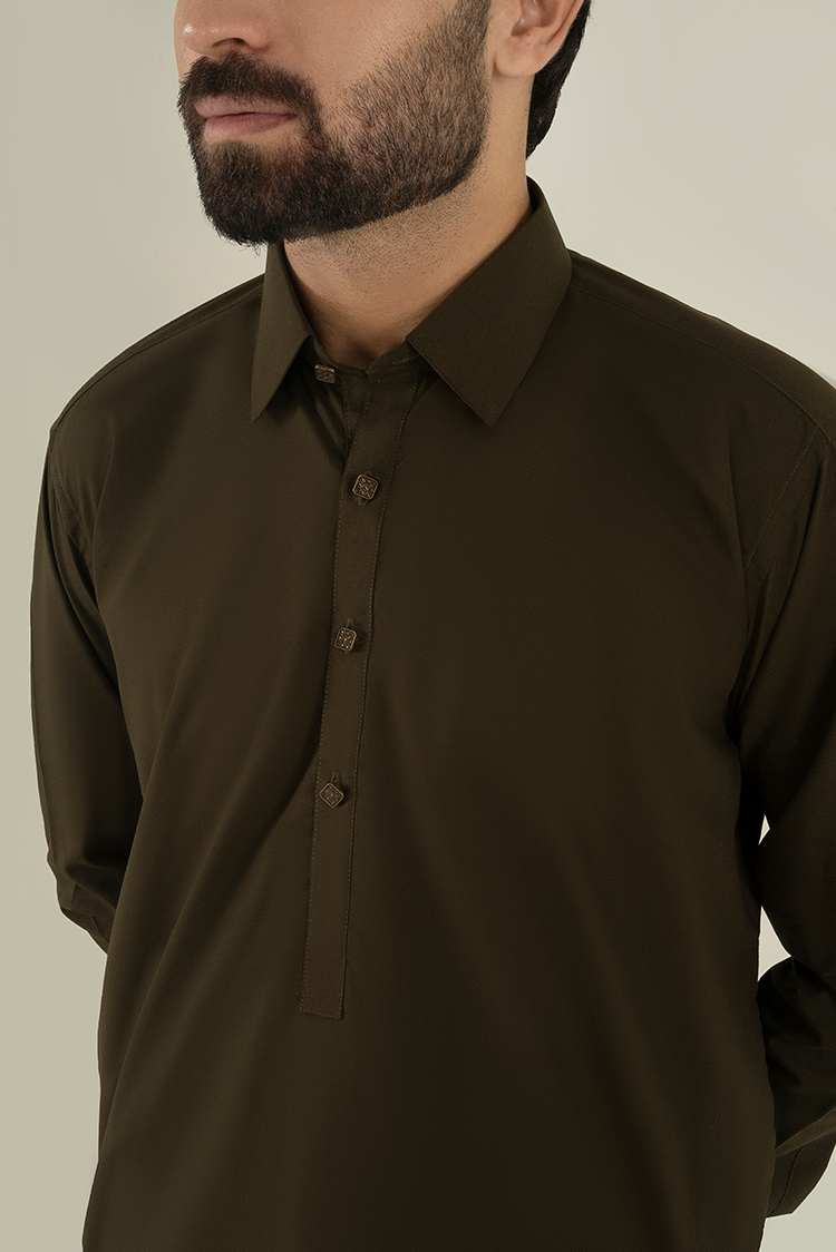 Wash & Wear | Olive Collar Kameez Shalwar
