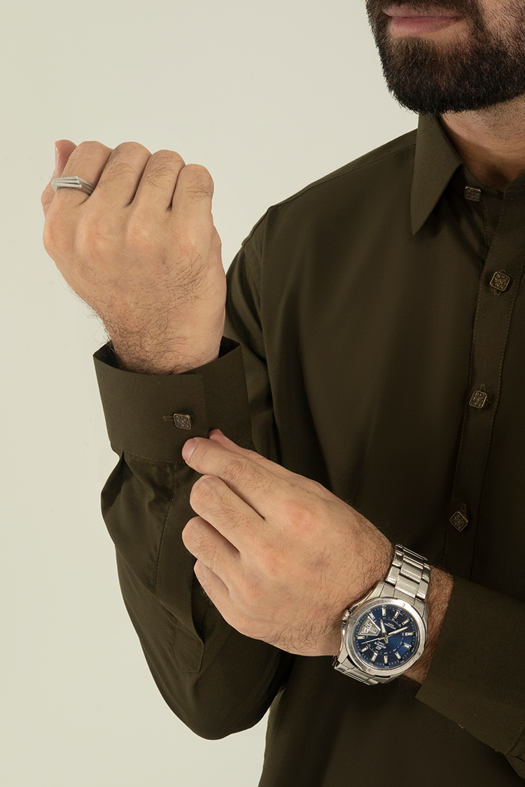 Wash & Wear | Olive Collar Kameez Shalwar